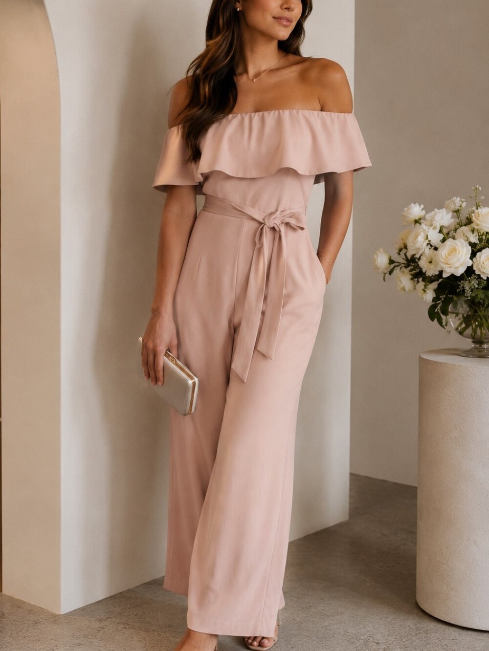 Babaton Off Shoulder Ruffle Wide Leg Jumpsuit Size 2